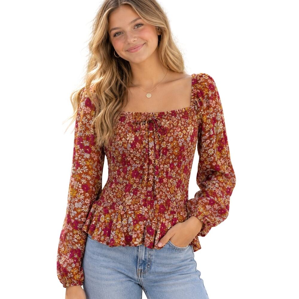 Patrons of Peace Floral Smocked Top Womens Small Fuchsia Mustard Milkmaid Peplum